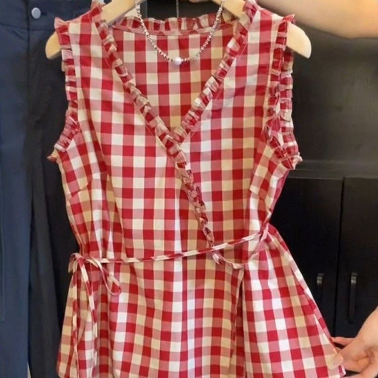 Retro Red Plaid Sleeveless Ves - Corset Waist Cinch reseña y precio