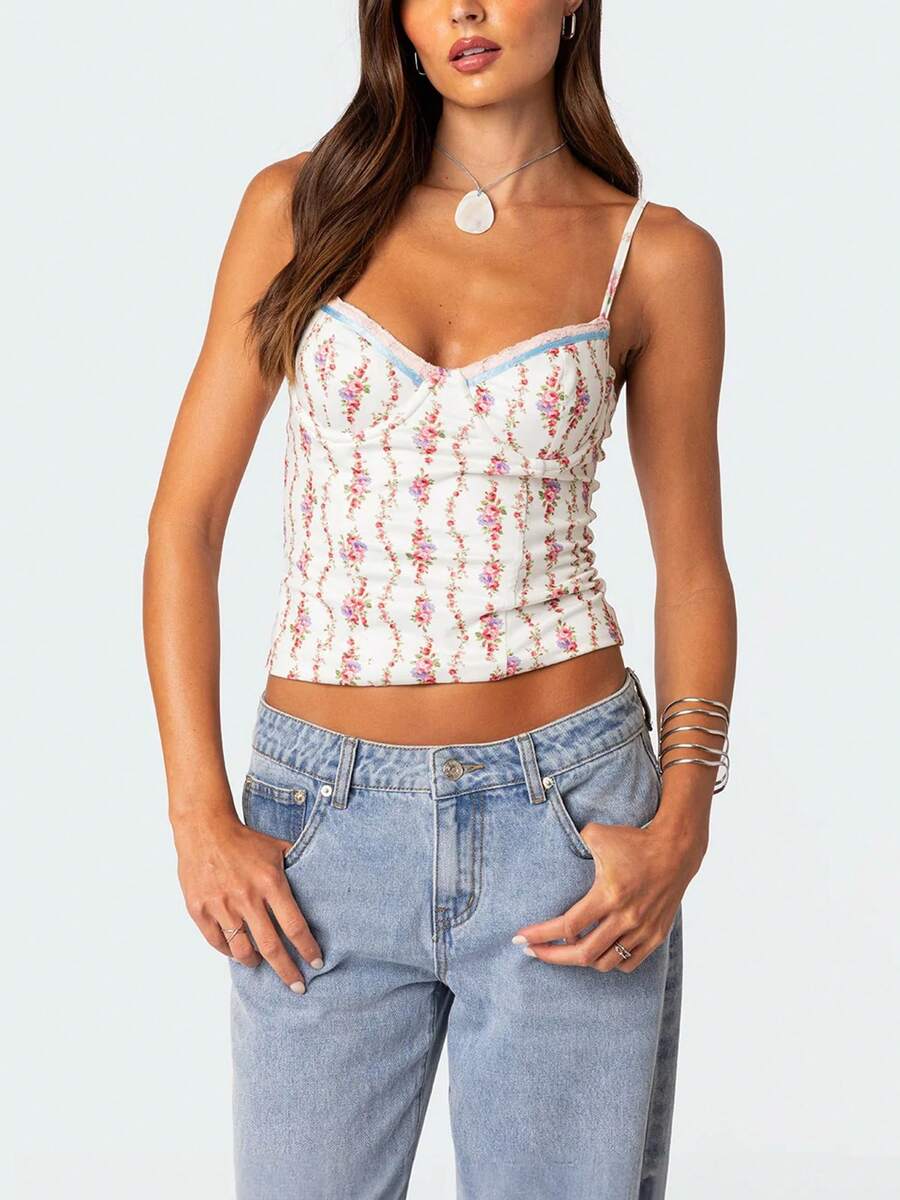 Women Floral Print Tie Strap V - Cami Top Lace reseña y precio