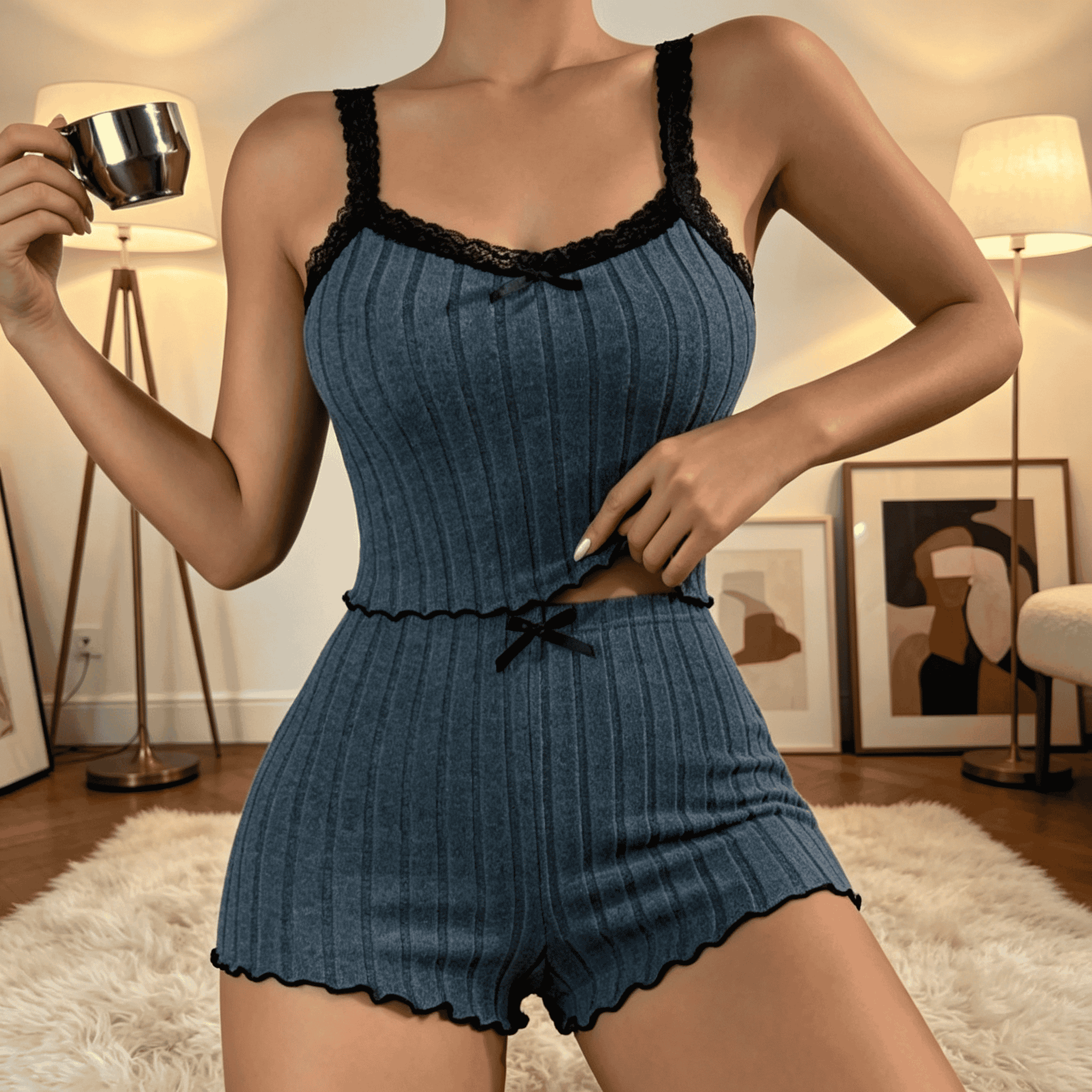 Women Cute Summer Ribbed Knit  - Cami Top Lace reseña y precio